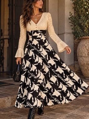 Vintage Handmade Cream Lace Dress with Black and White FULL skirt